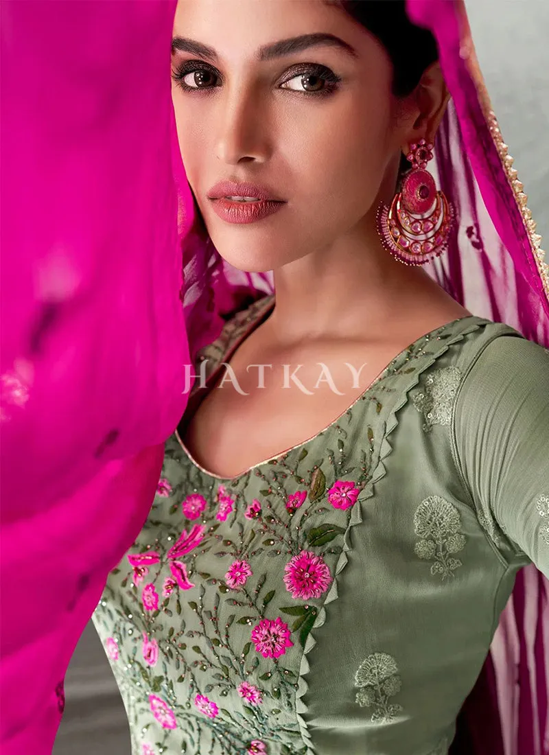 Olive Green Lucknowi Embroidered Designer Palazzo Suit