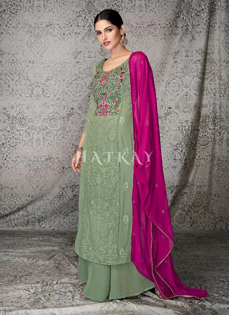 Olive Green Lucknowi Embroidered Designer Palazzo Suit