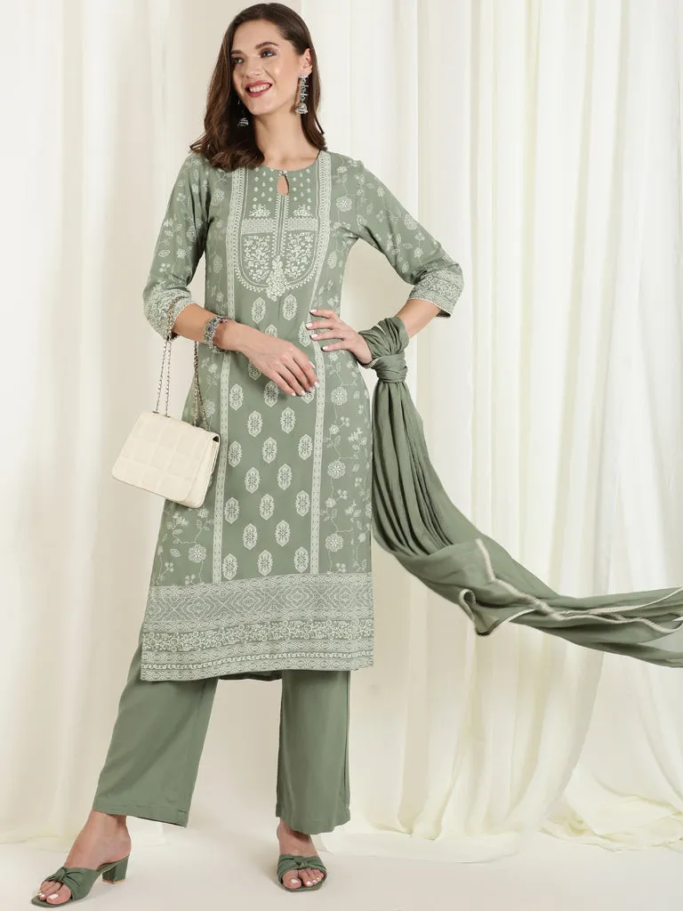 Olive Green Placement Printed Straight Kurta With Solid Palazzo And Chinon Dupatta