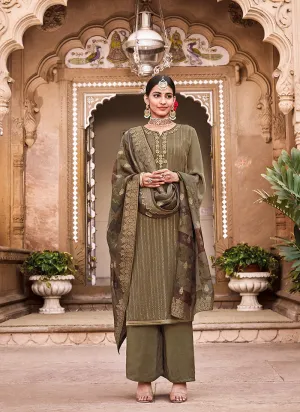 Olive Green Sequence Embroidered Palazzo Suit