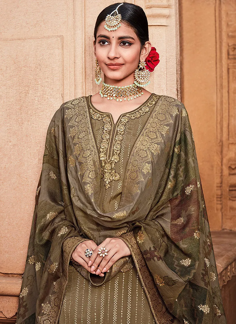 Olive Green Sequence Embroidered Palazzo Suit