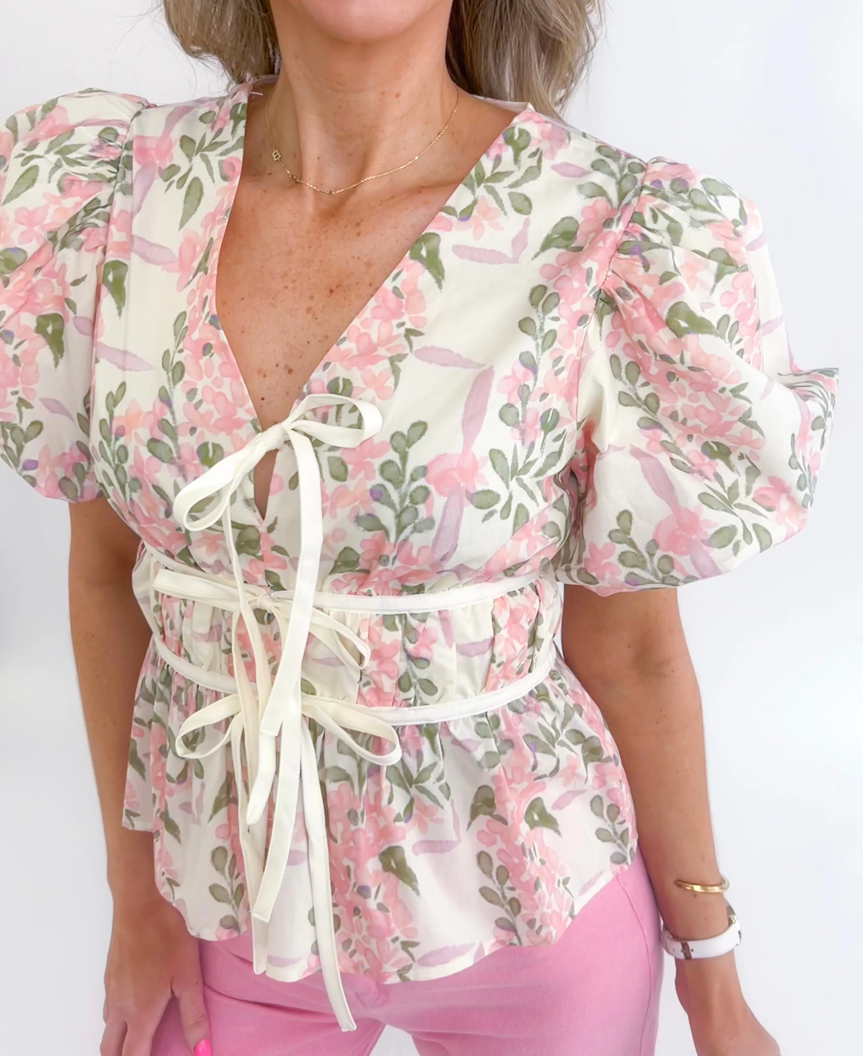 Olivia Floral Pink Peplum Bow Top