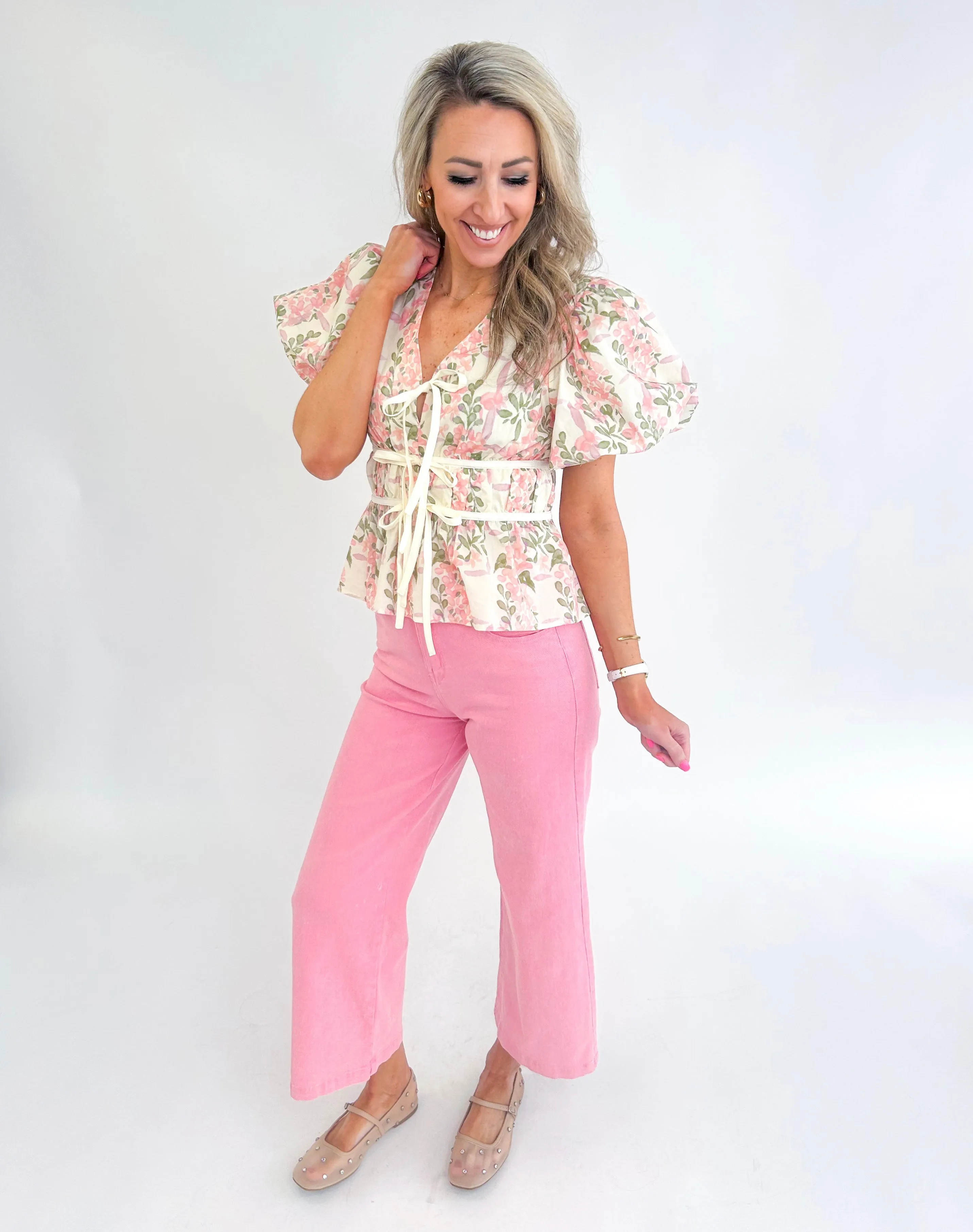 Olivia Floral Pink Peplum Bow Top