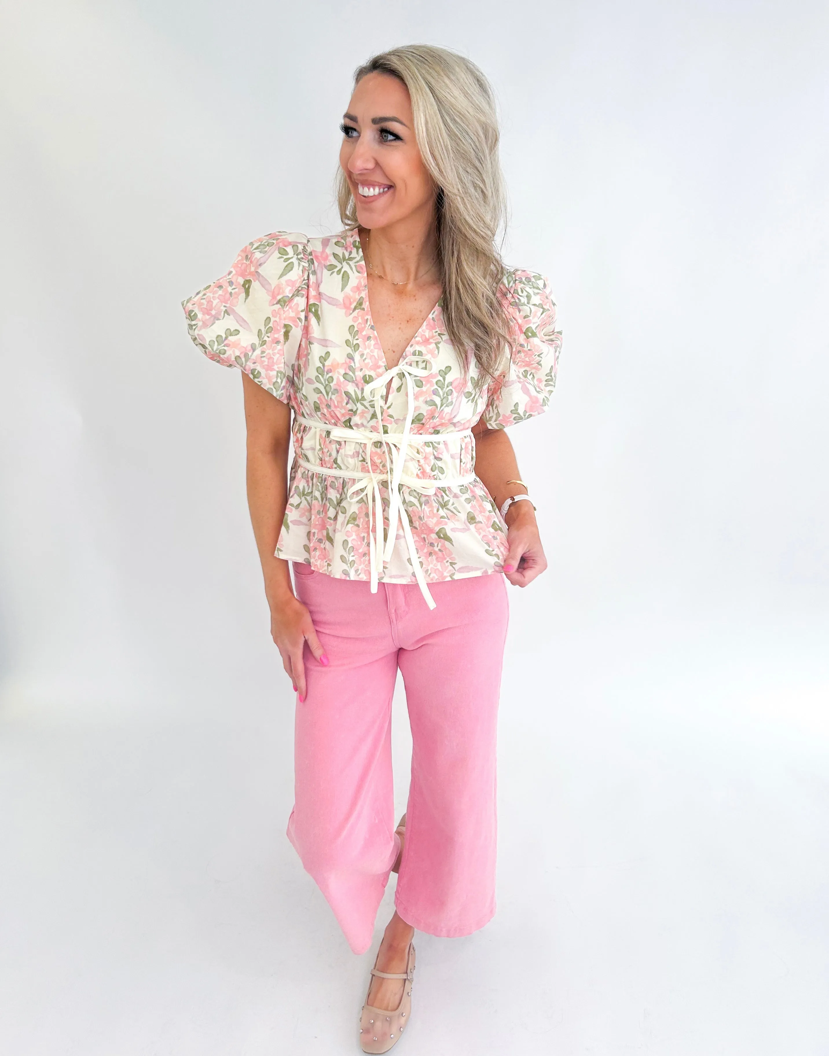 Olivia Floral Pink Peplum Bow Top