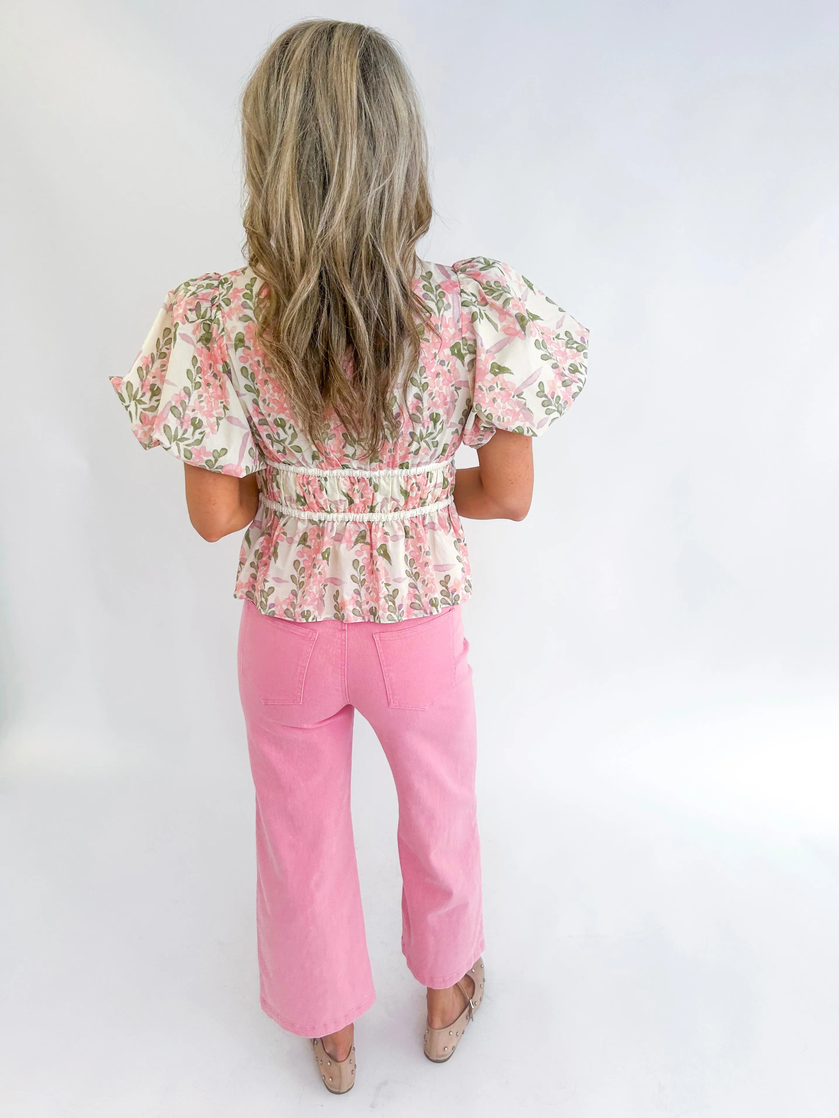 Olivia Floral Pink Peplum Bow Top