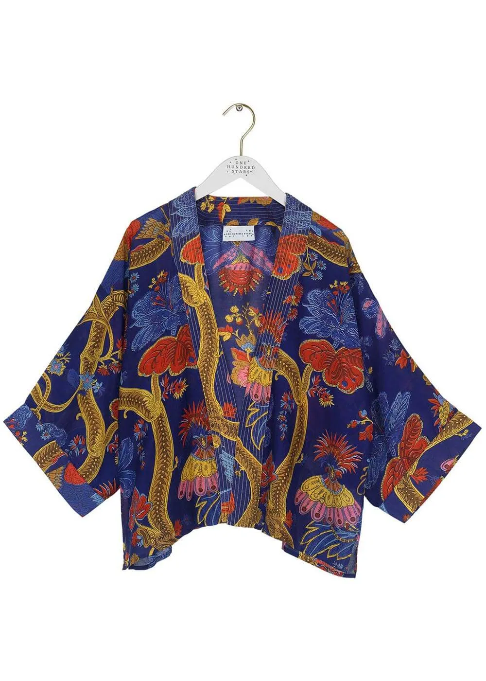 One Hundred Stars Climbing Peacock Short Kimono Royalblue