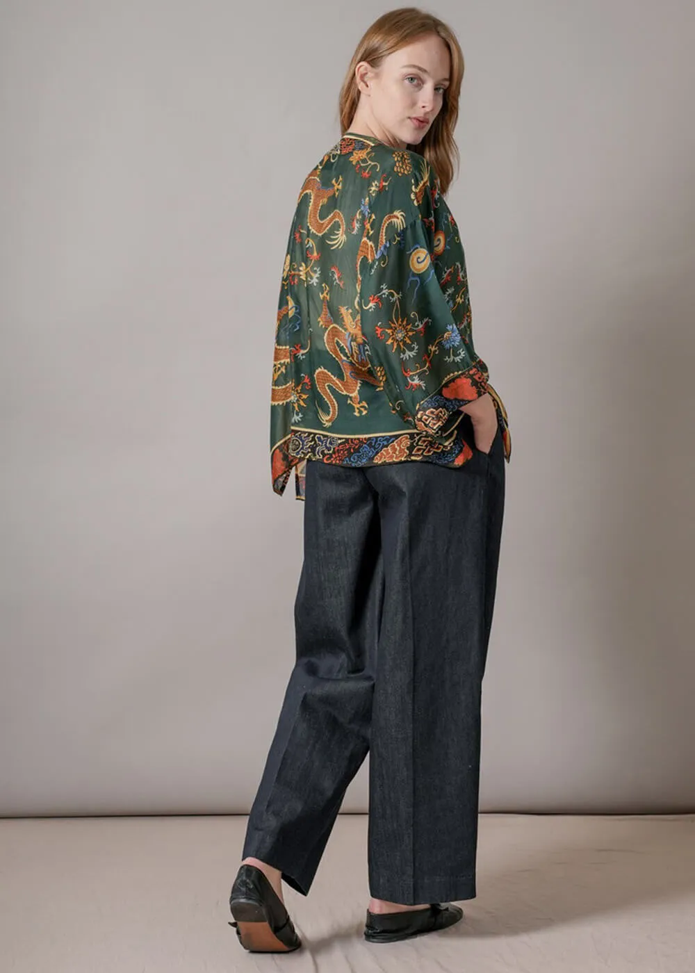One Hundred Stars Dragon Short Kimono Green