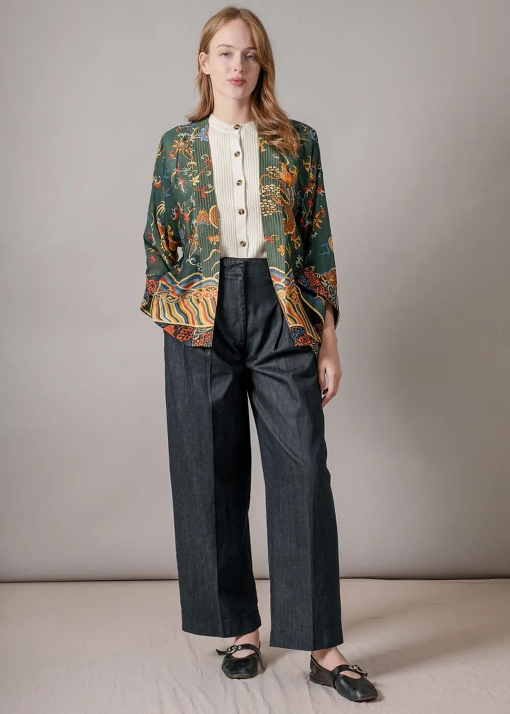 One Hundred Stars Dragon Short Kimono Green
