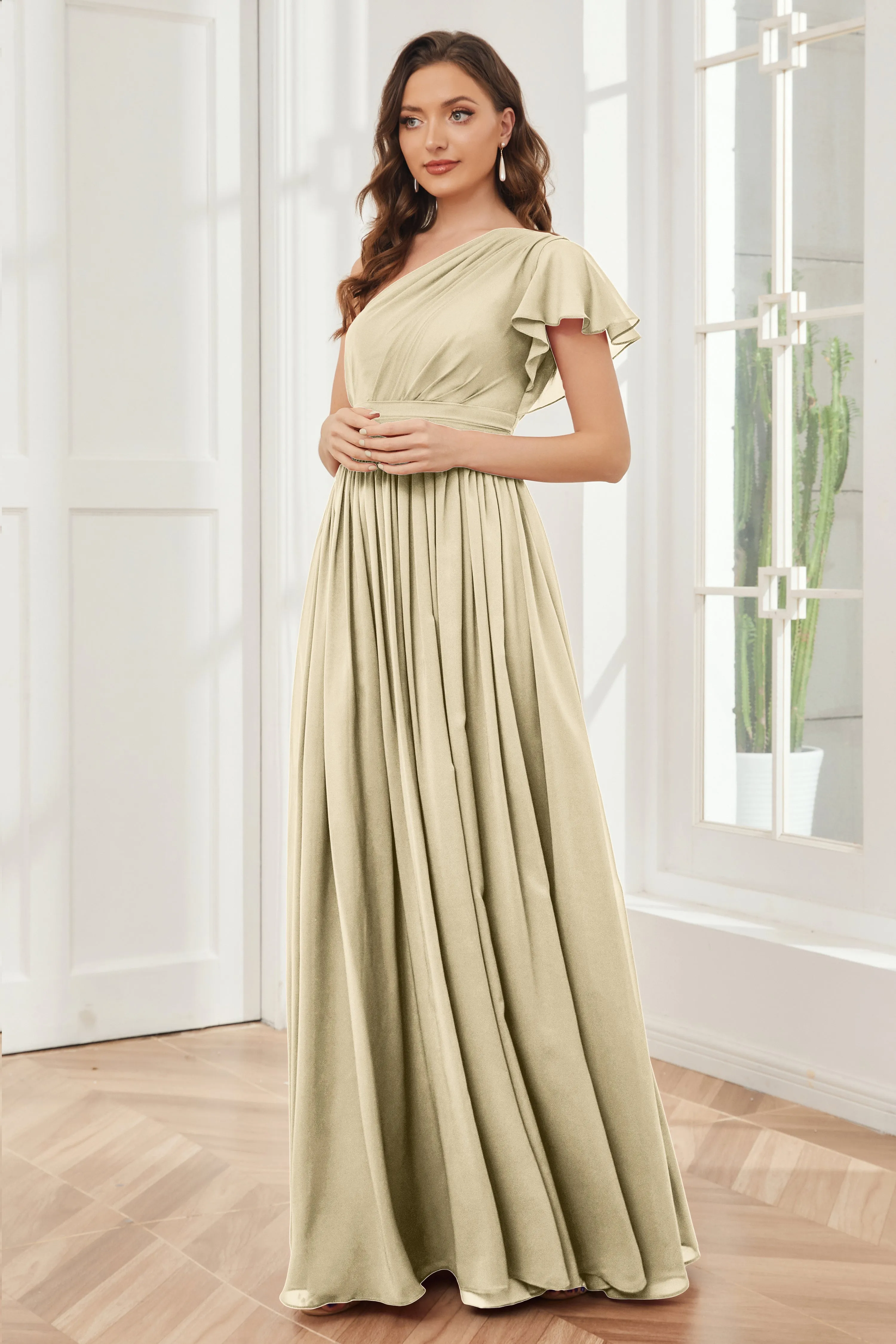 One Shoulder Chiffon Long Bridesmaid Dresses