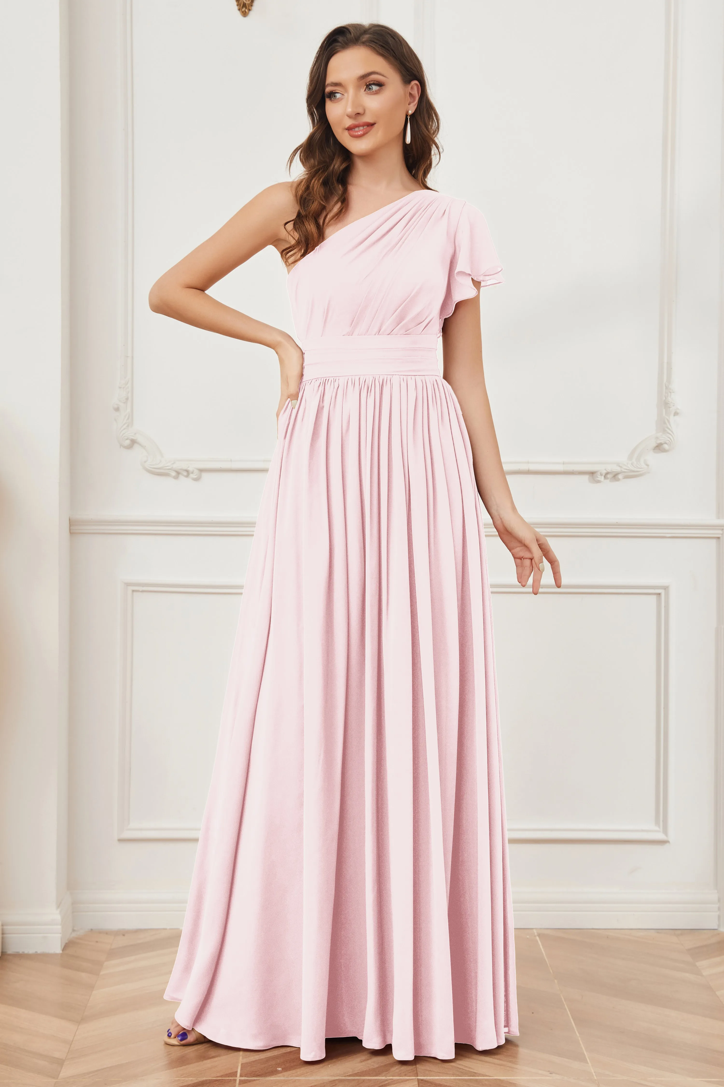 One Shoulder Chiffon Long Bridesmaid Dresses