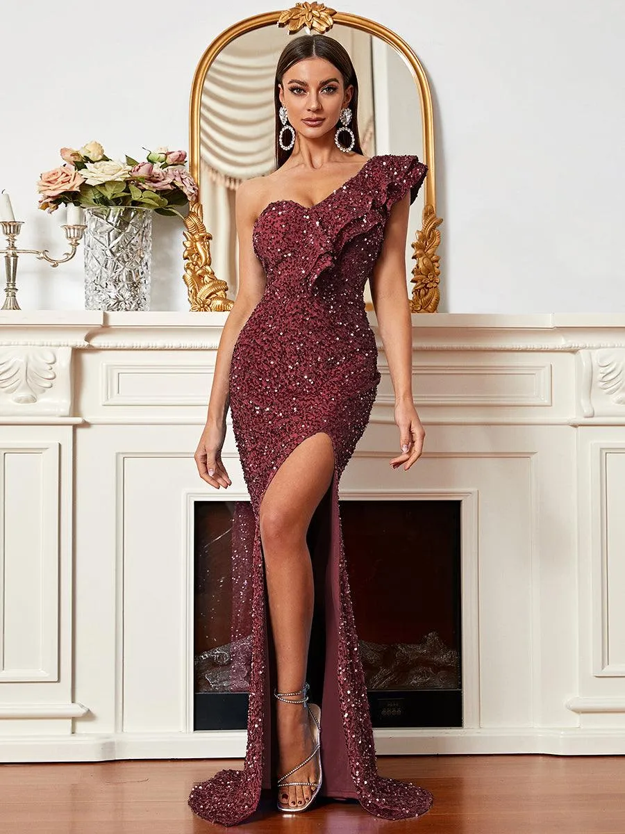 One Shoulder Ruffled Sequin Prom Dress XH2070