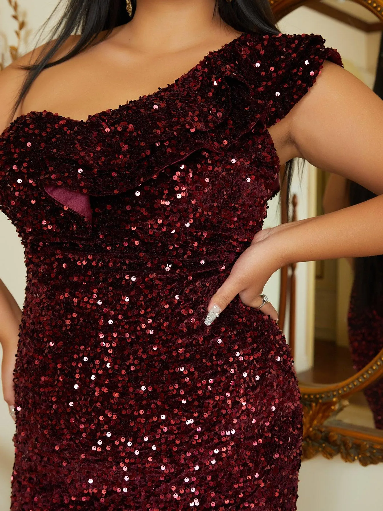 One Shoulder Ruffled Sequin Prom Dress XH2070