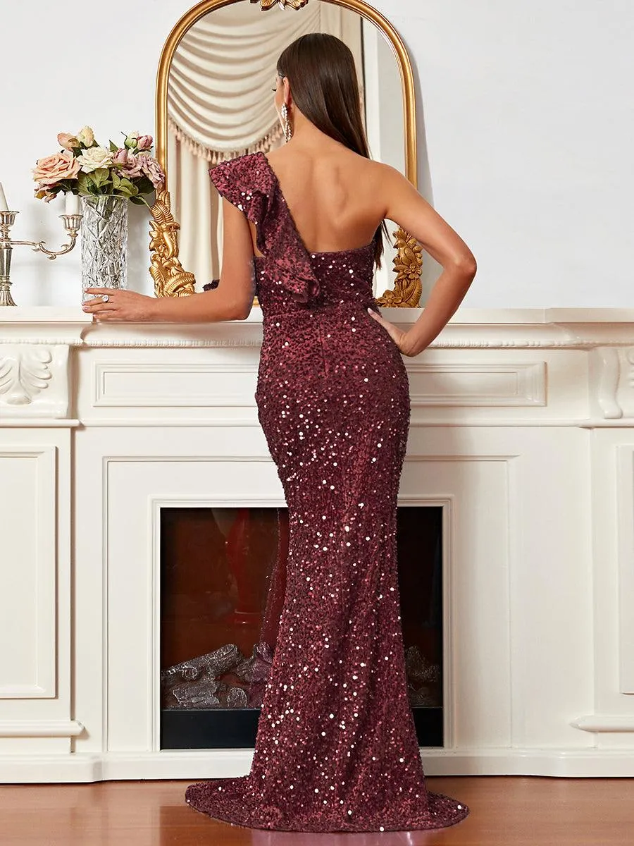 One Shoulder Ruffled Sequin Prom Dress XH2070