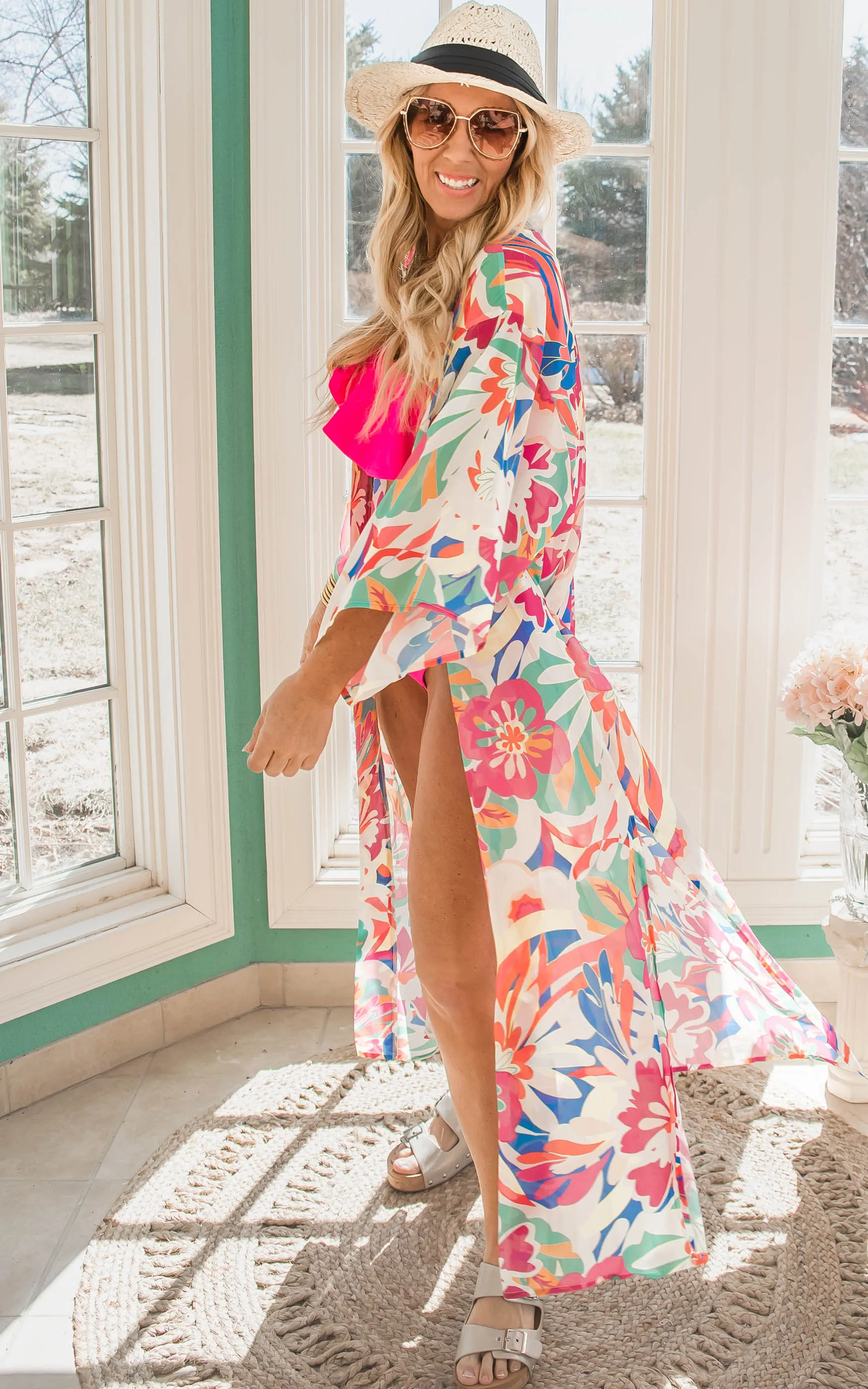 Open Front Waist Tie Woven Floral Midi Kimono - Final Sale