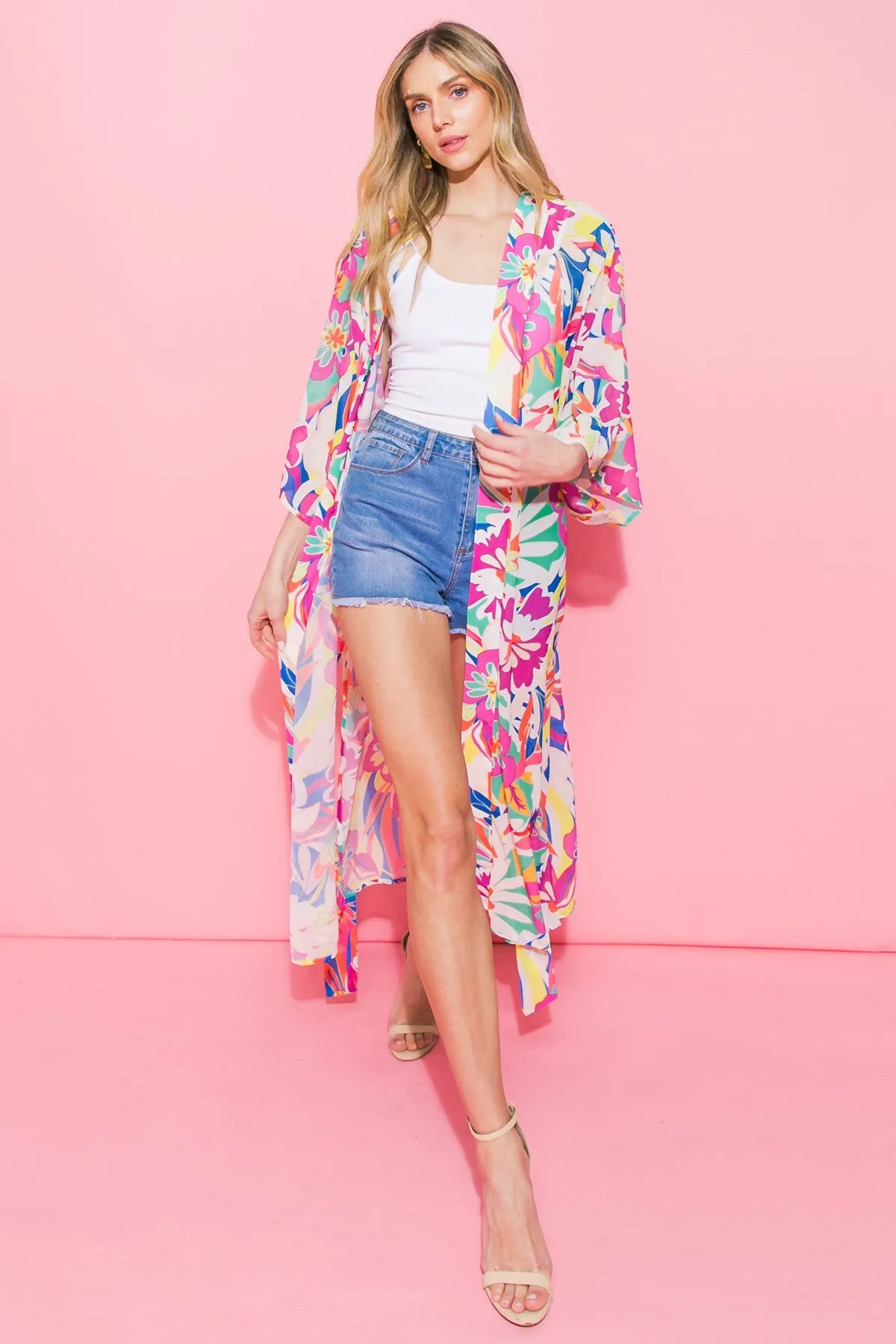 Open Front Waist Tie Woven Floral Midi Kimono - Final Sale