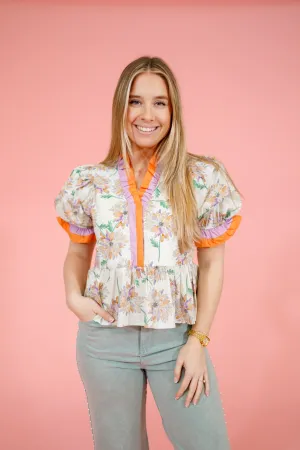 Orange Green Floral Peplum Top