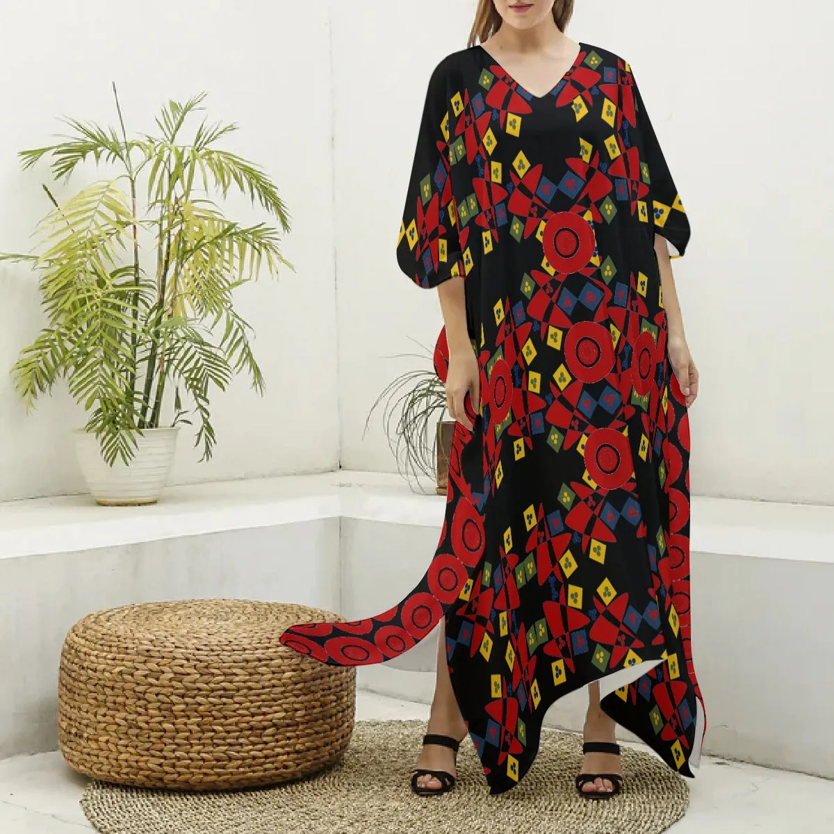 Origen Destination Women's V-neck Patterned Kaftan Robe