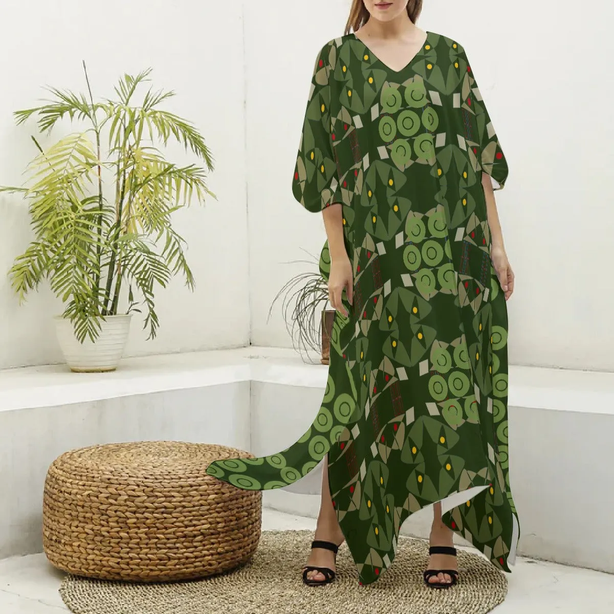 Origen Destination Women's V-neck Patterned Kaftan Robe