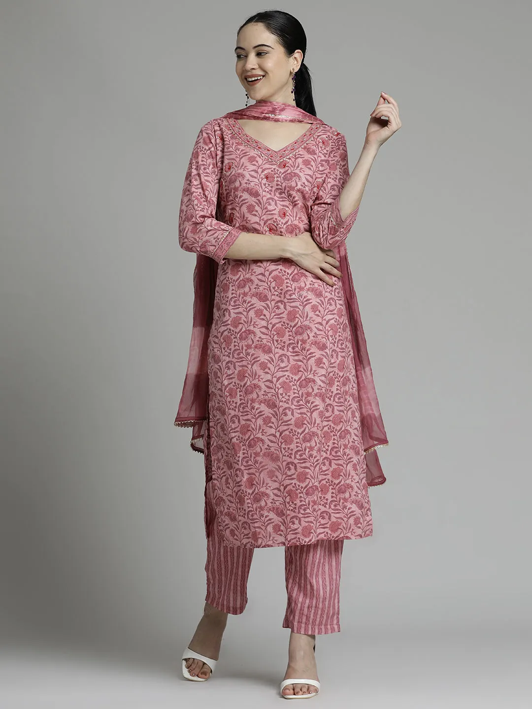 Paisley Printed Cotton Kurta Set With Dupatta