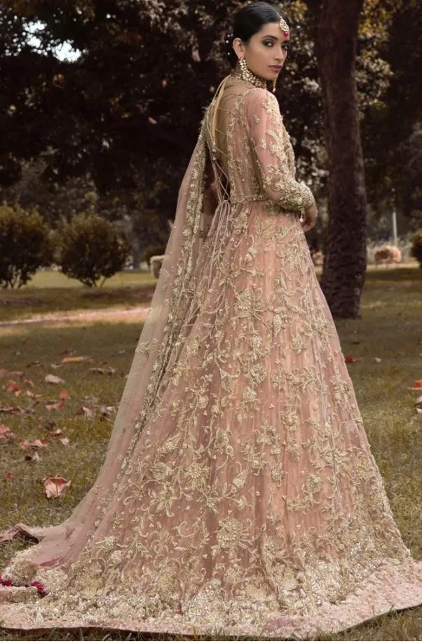 Pakistani Bridal Long Maxi Outfit in Peach Color #N7010