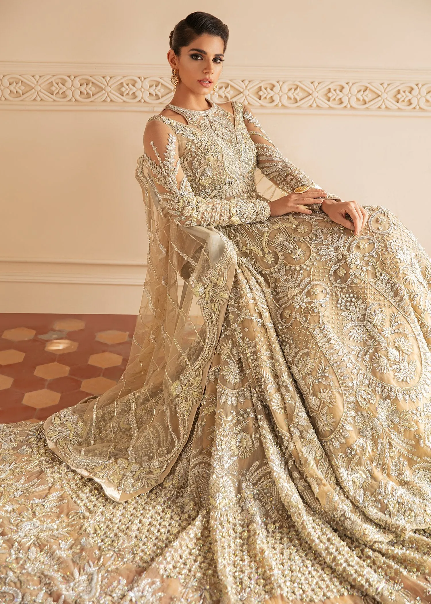 Pakistani White Net Lehenga Bridal Maxi Dress #BN911