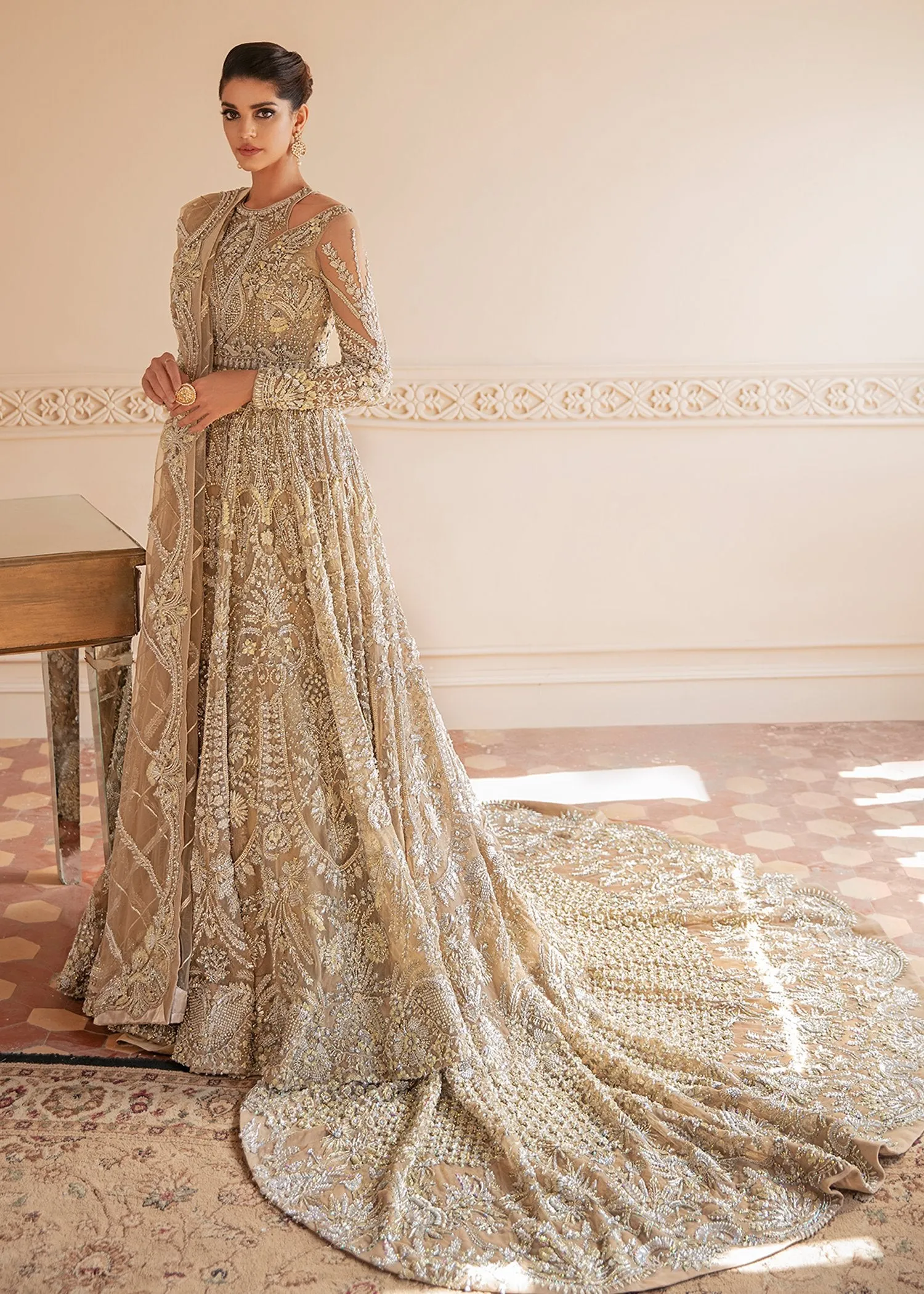 Pakistani White Net Lehenga Bridal Maxi Dress #BN911