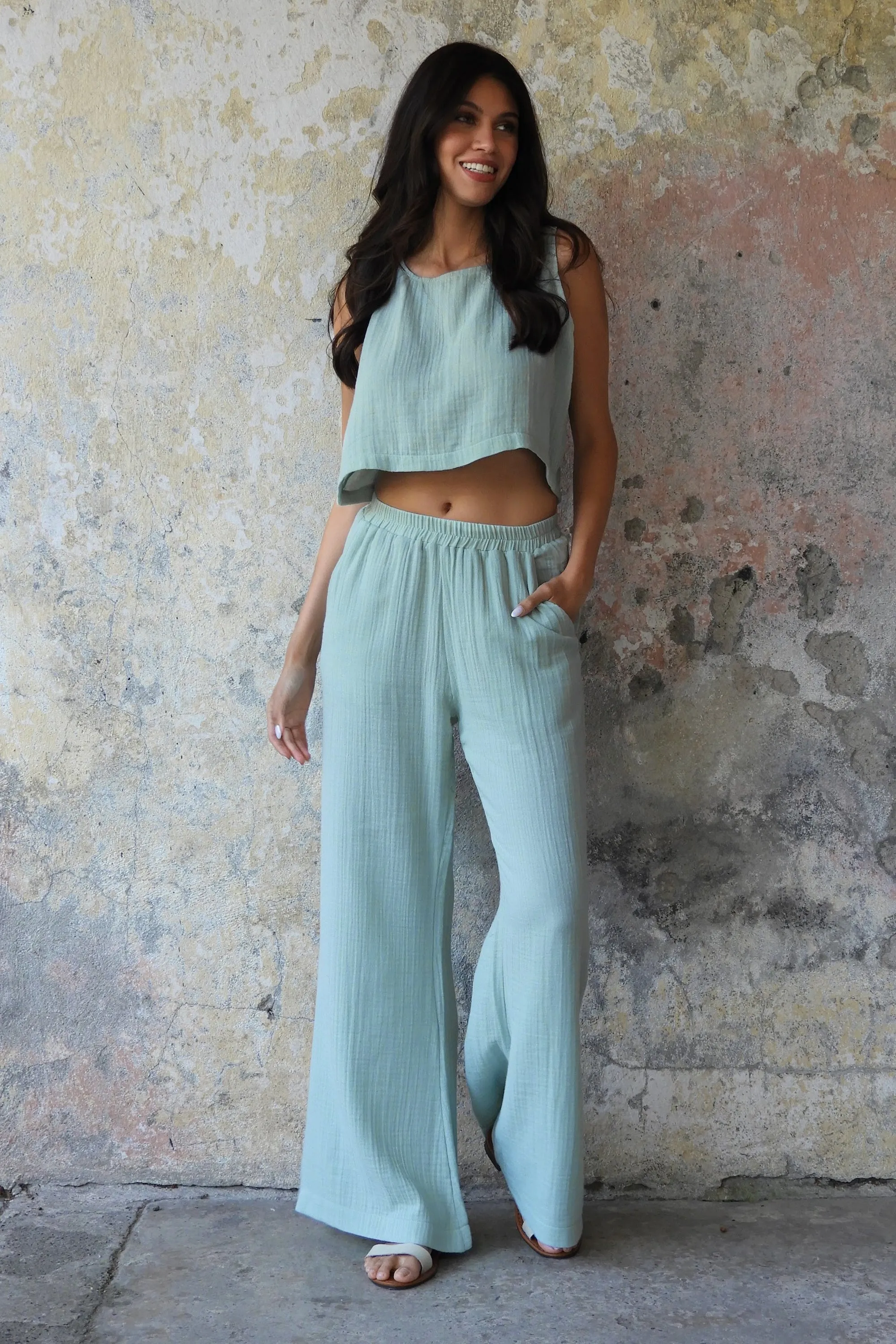 PALAZZO Women's 2Layer Organic Gauze Cotton Pants (Blue, Mint)