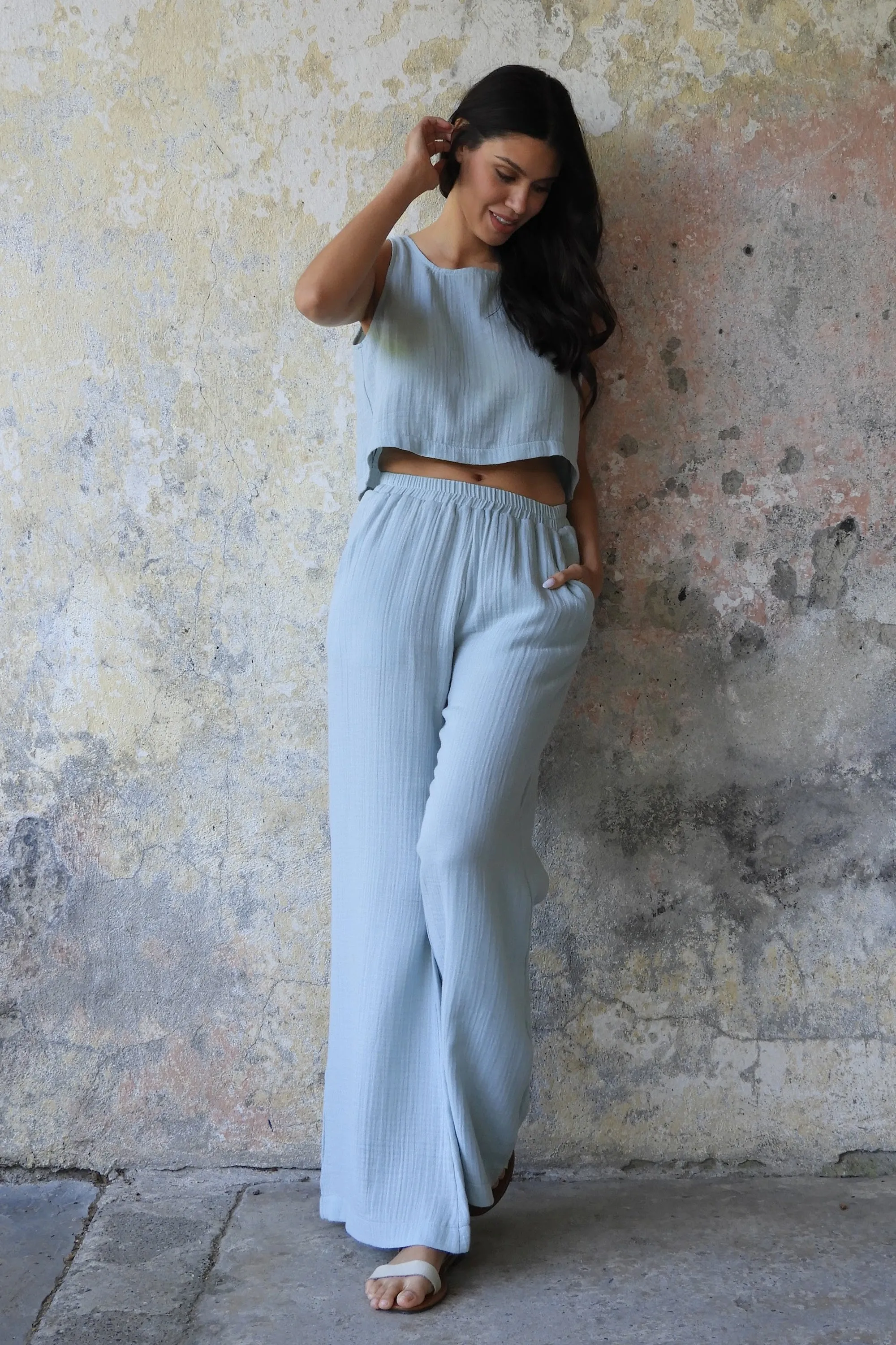 PALAZZO Women's 2Layer Organic Gauze Cotton Pants (Blue, Mint)