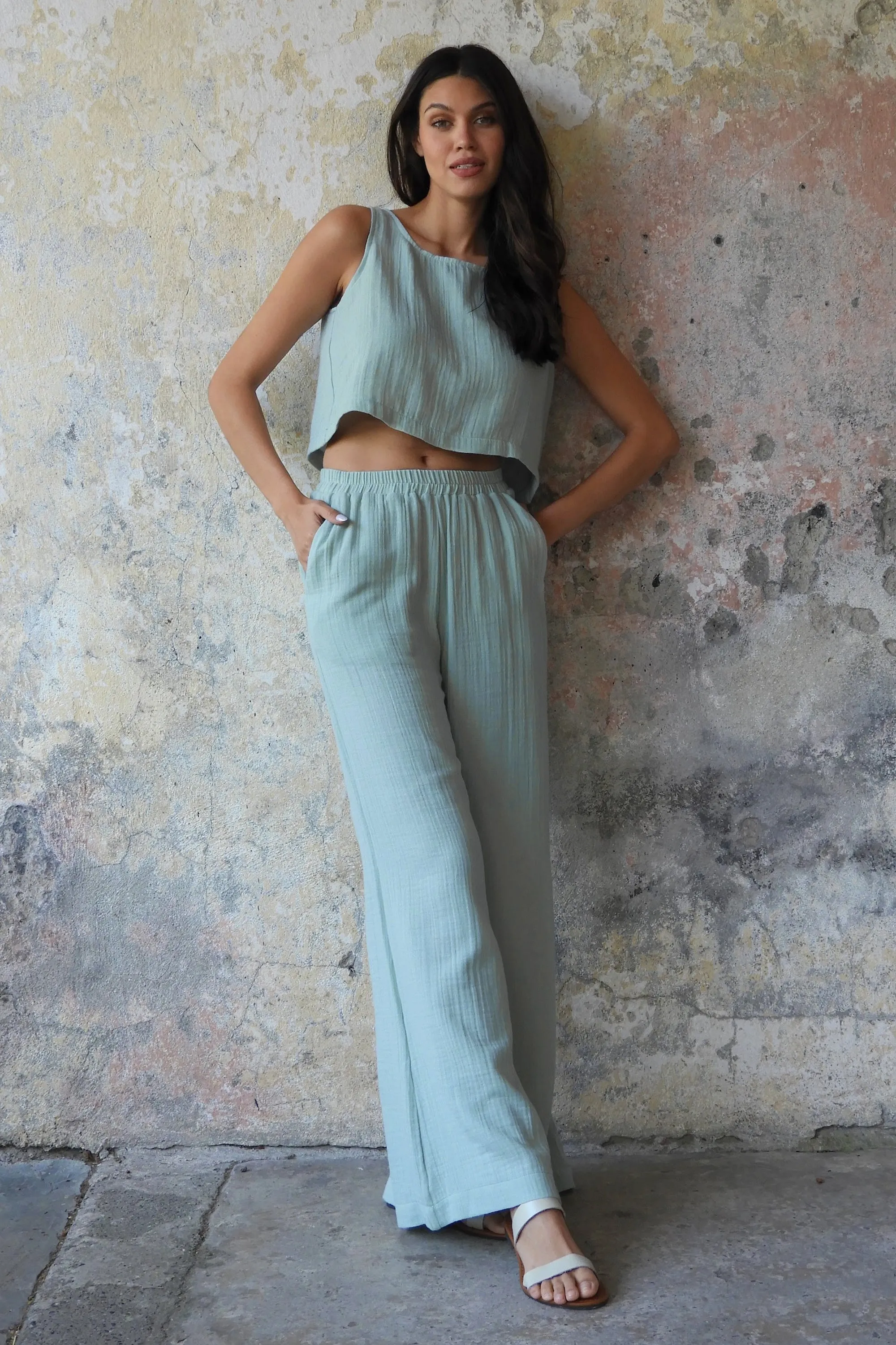 PALAZZO Women's 2Layer Organic Gauze Cotton Pants (Blue, Mint)
