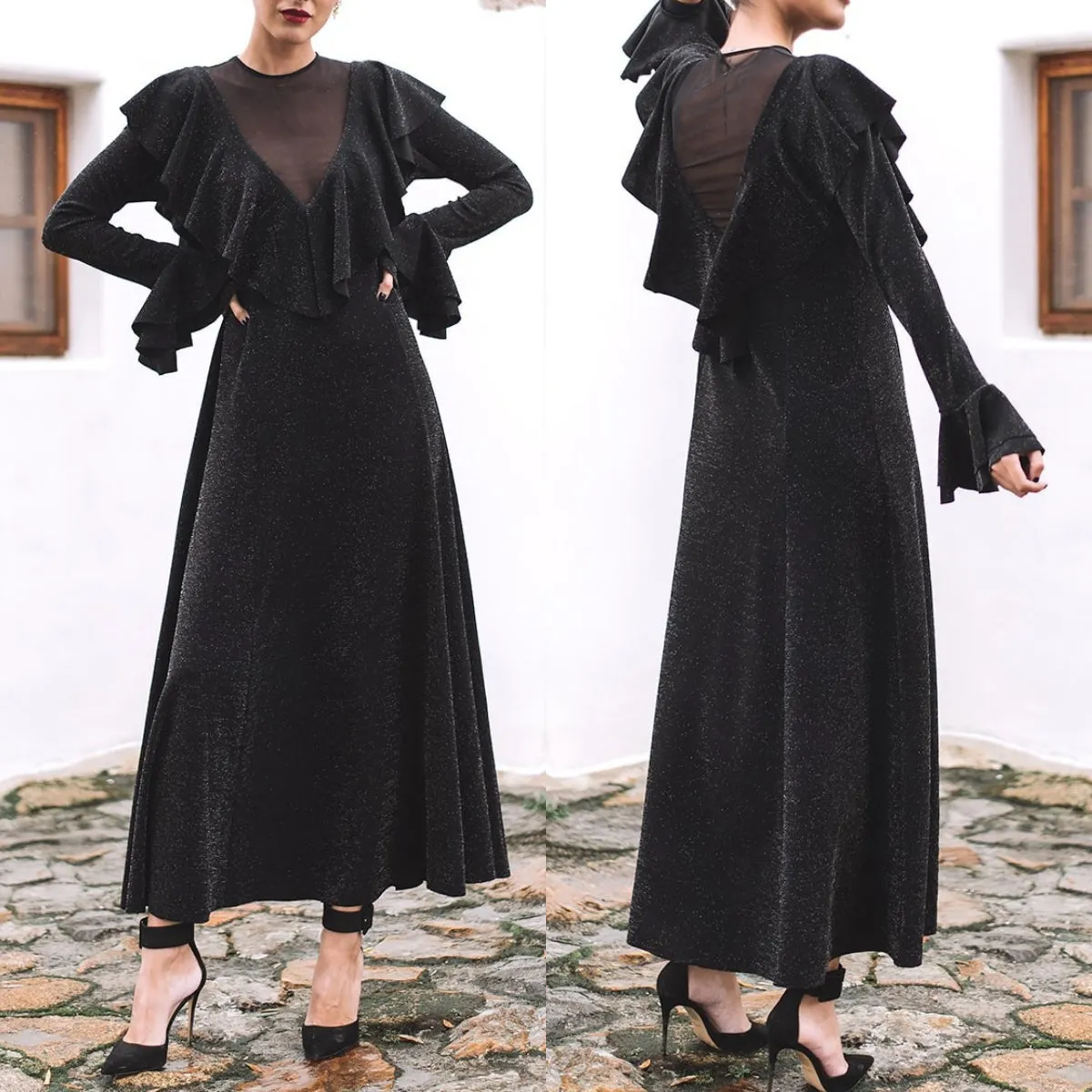 Party Hollow-out Round Neck Ruffled Midi Maxi Dresses