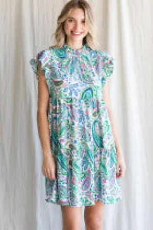 Pasley Pattern Print Baby Doll Dress W/ Frilled Mock Neck