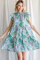 Pasley Pattern Print Baby Doll Dress W/ Frilled Mock Neck