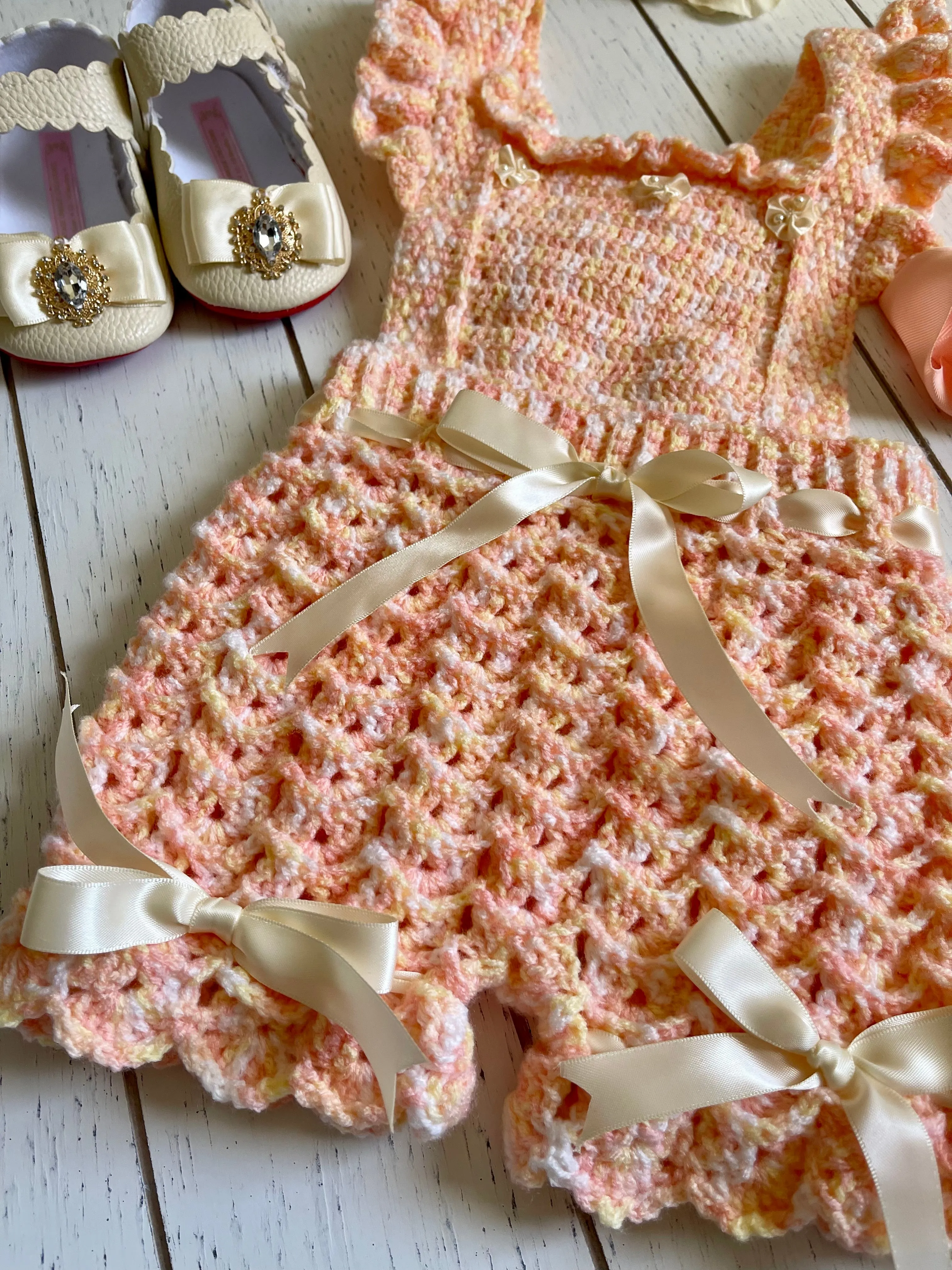 Peach & Cream with ribbons Crochet Girl Overalls