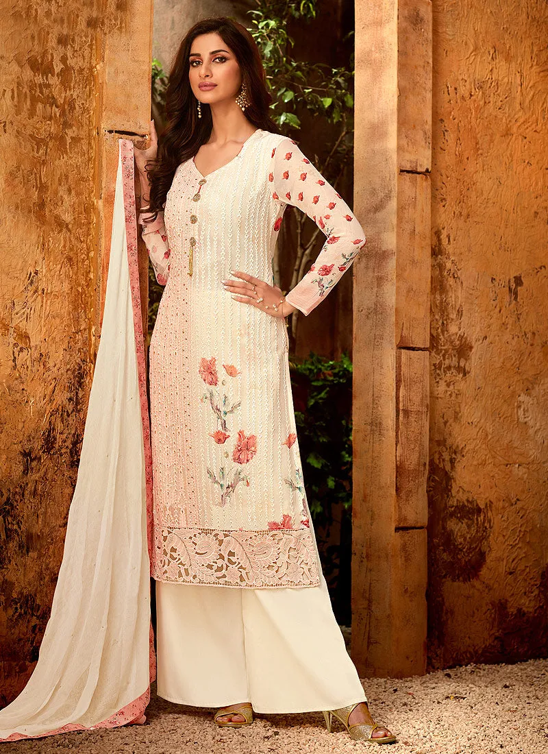 Peach And Cream Multi Embroidered And Printed Designer Palazzo Suit