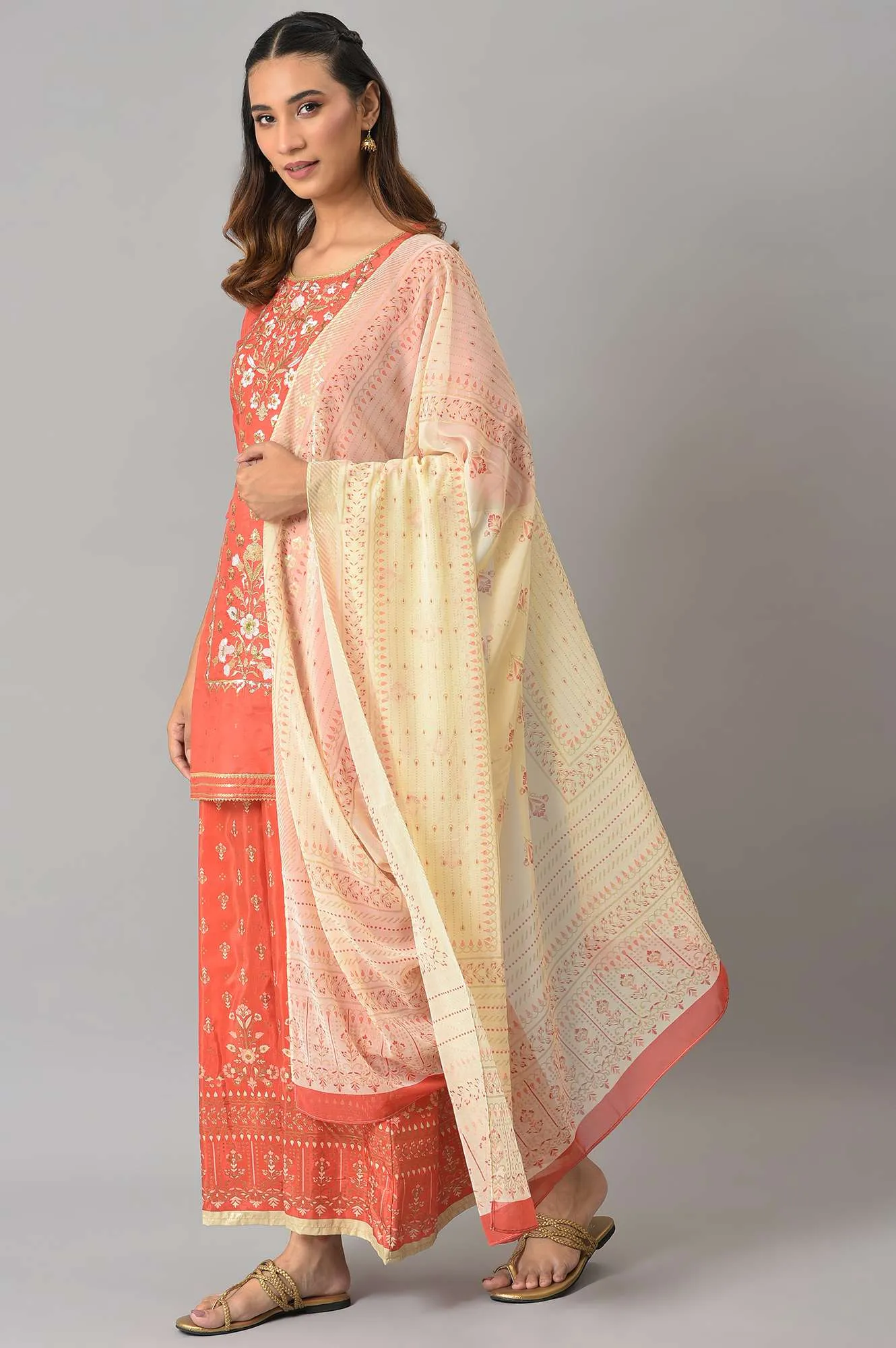 Peach Zari Embroidered Kurta And Palazzo With Printed Dupatta