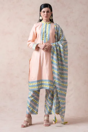Peachy Pink Chanderi silk kurta with cotton silk printed palazzo and dupatta