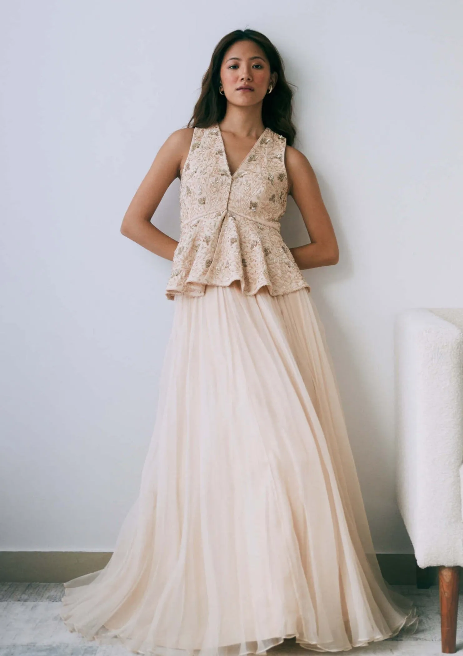 Pearled sand peplum lehenga set