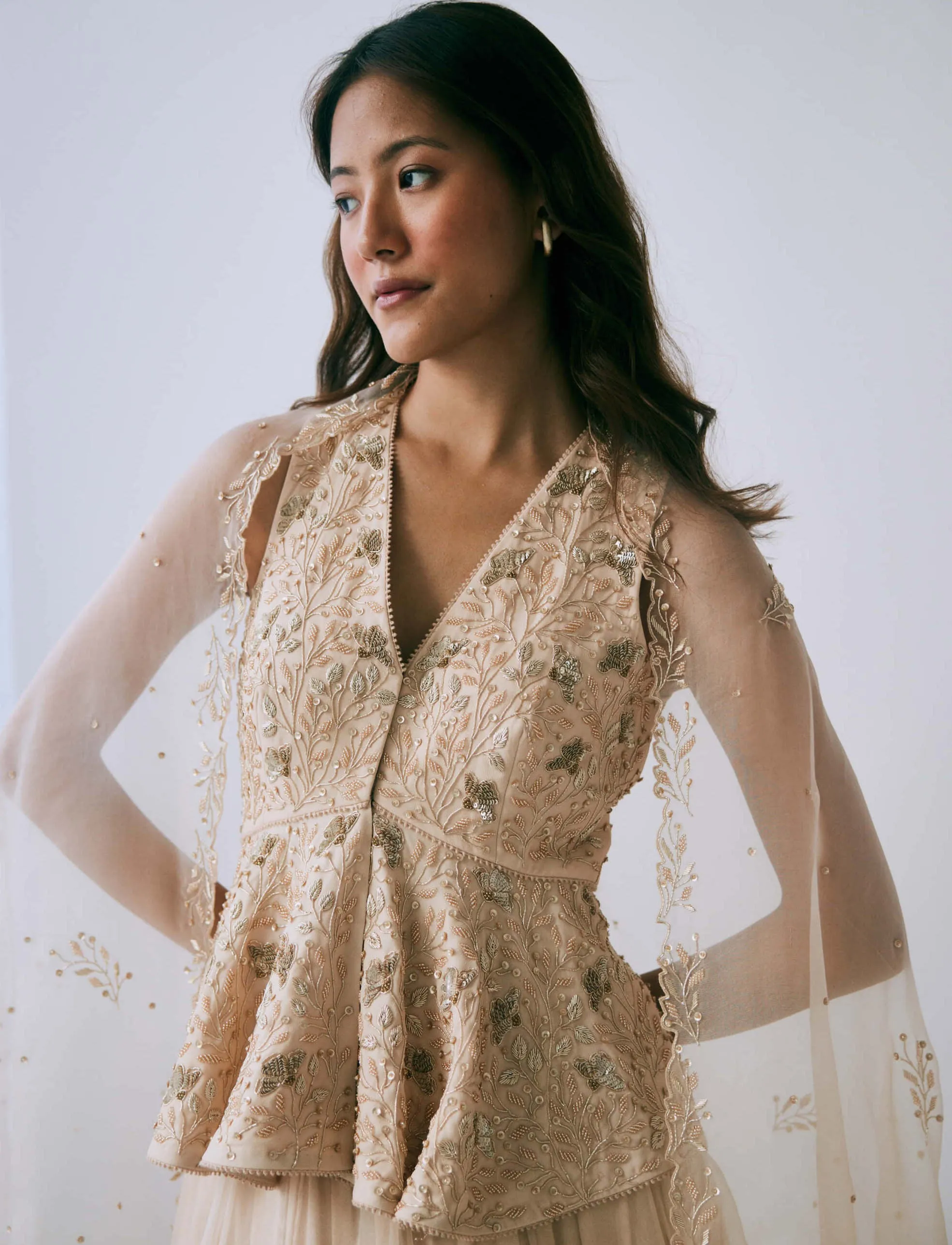 Pearled sand peplum lehenga set