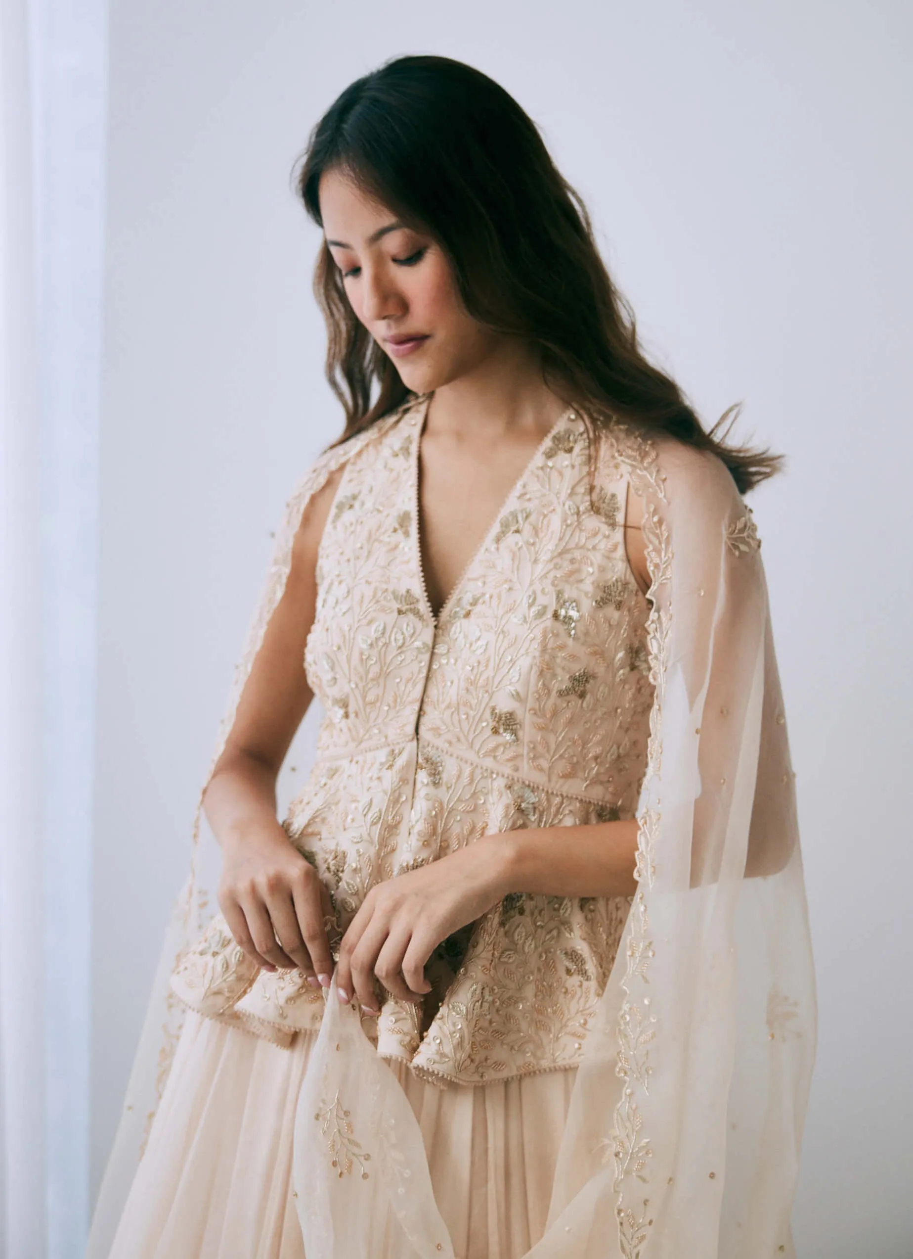 Pearled sand peplum lehenga set