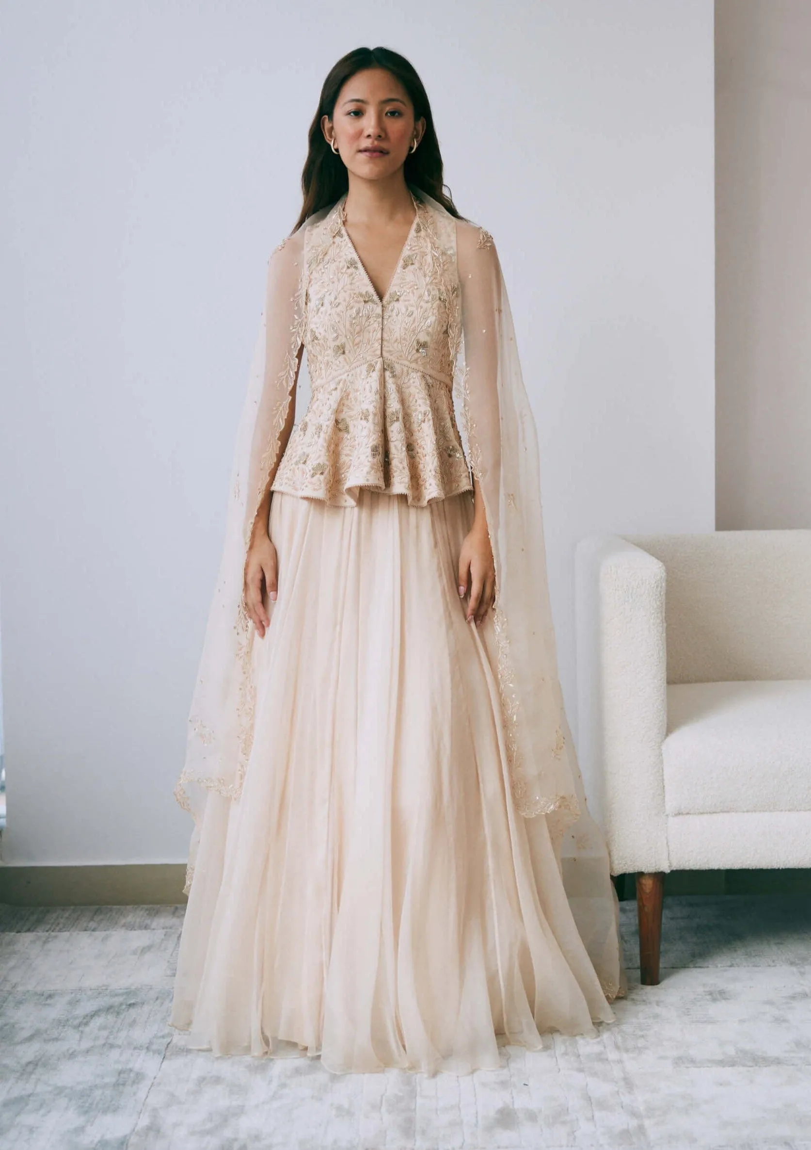 Pearled sand peplum lehenga set