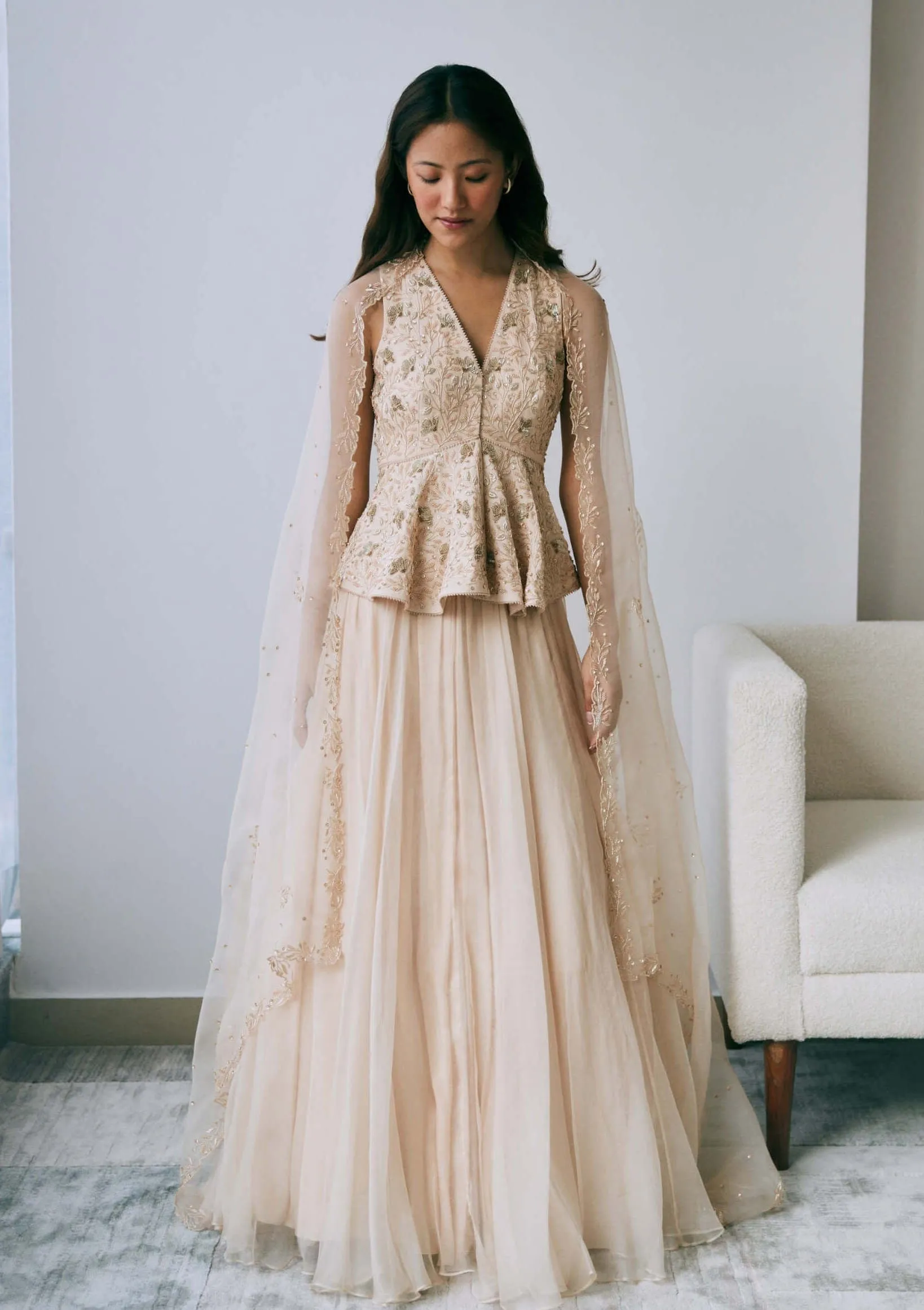 Pearled sand peplum lehenga set