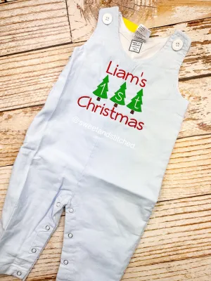 Personalized Baby Boy 1st Christmas outfit - monogrammed Christmas corduroy overalls in light blue.