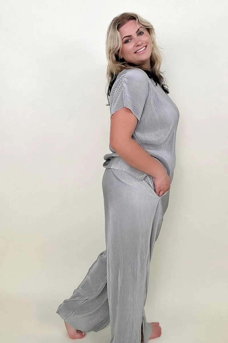 Petal Dew Satin Plisse Palazzo Pants with Pockets