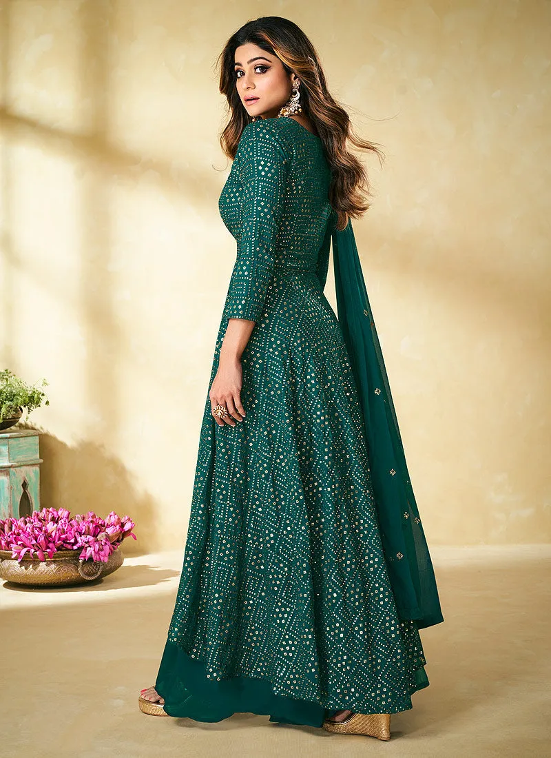 Pine Green Zari And Badla Embroidered Indian Palazzo Suit