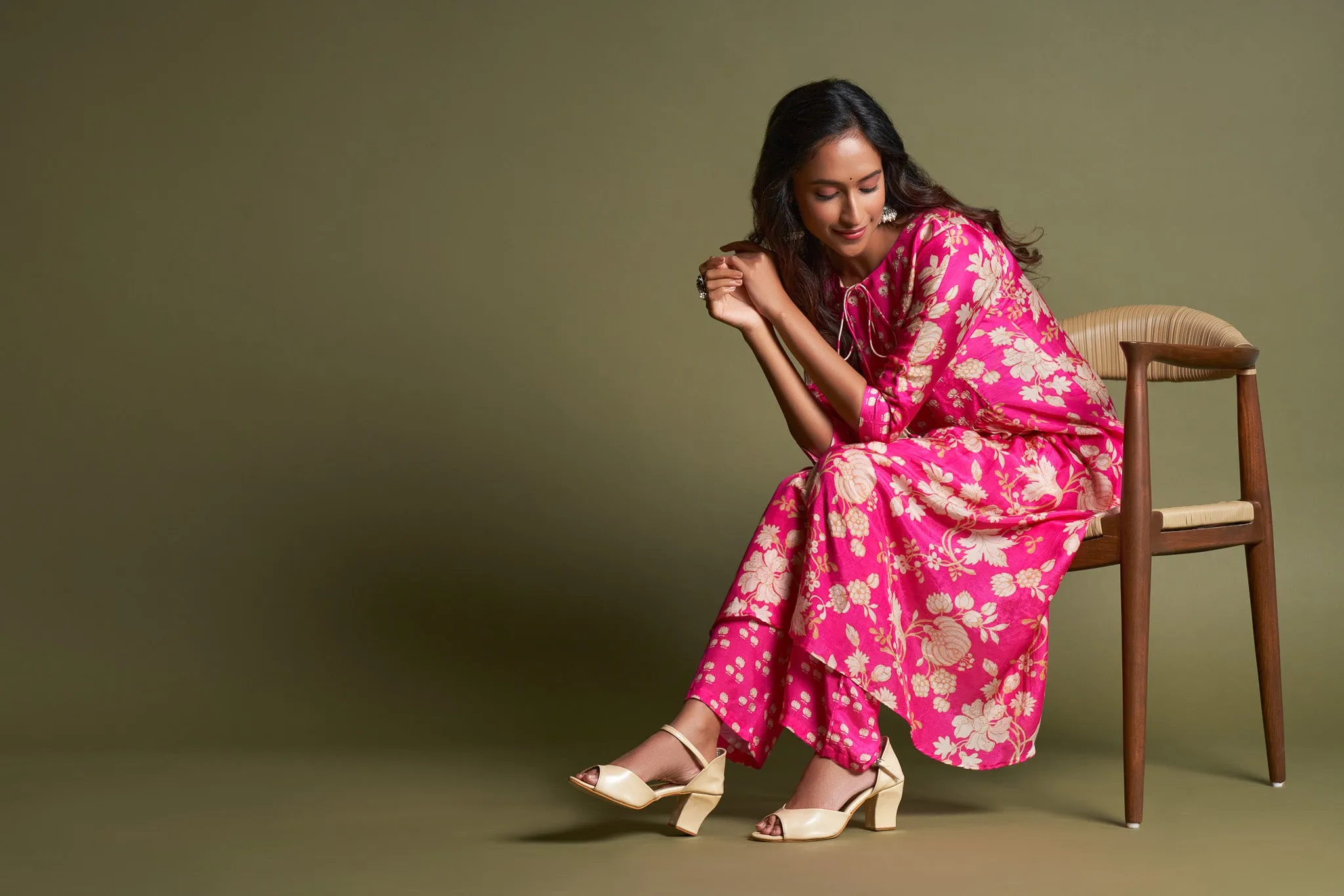 Pink A-Line Kurta Set in Viscose Muslin