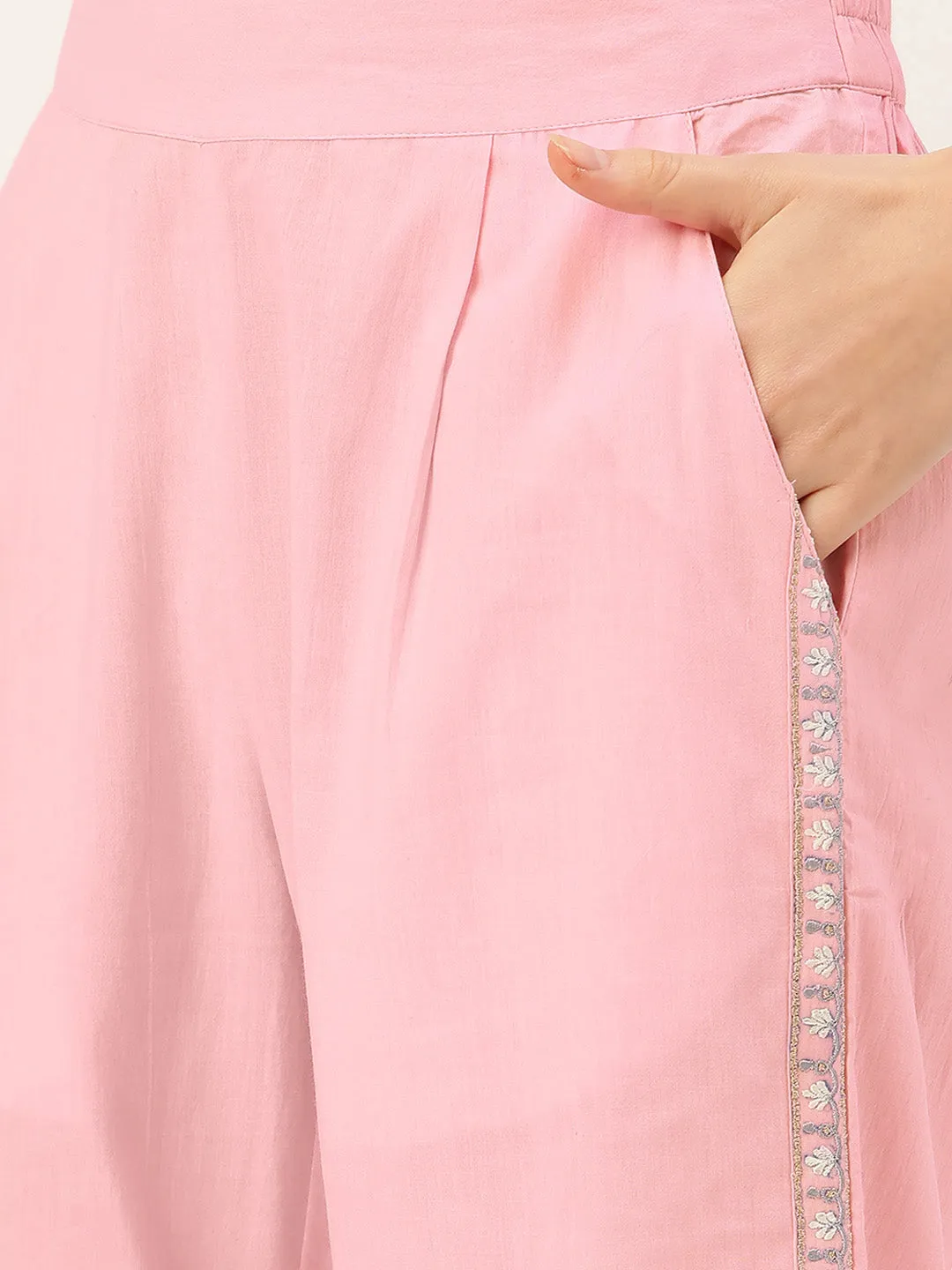 Pink & Grey Printed Straight Kurta With Printed Palazzo And Dupatta