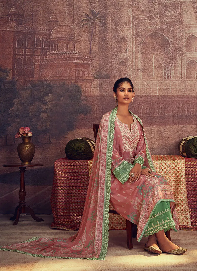 Pink And Green Thread Embroidery Anarkali Palazzo Suit