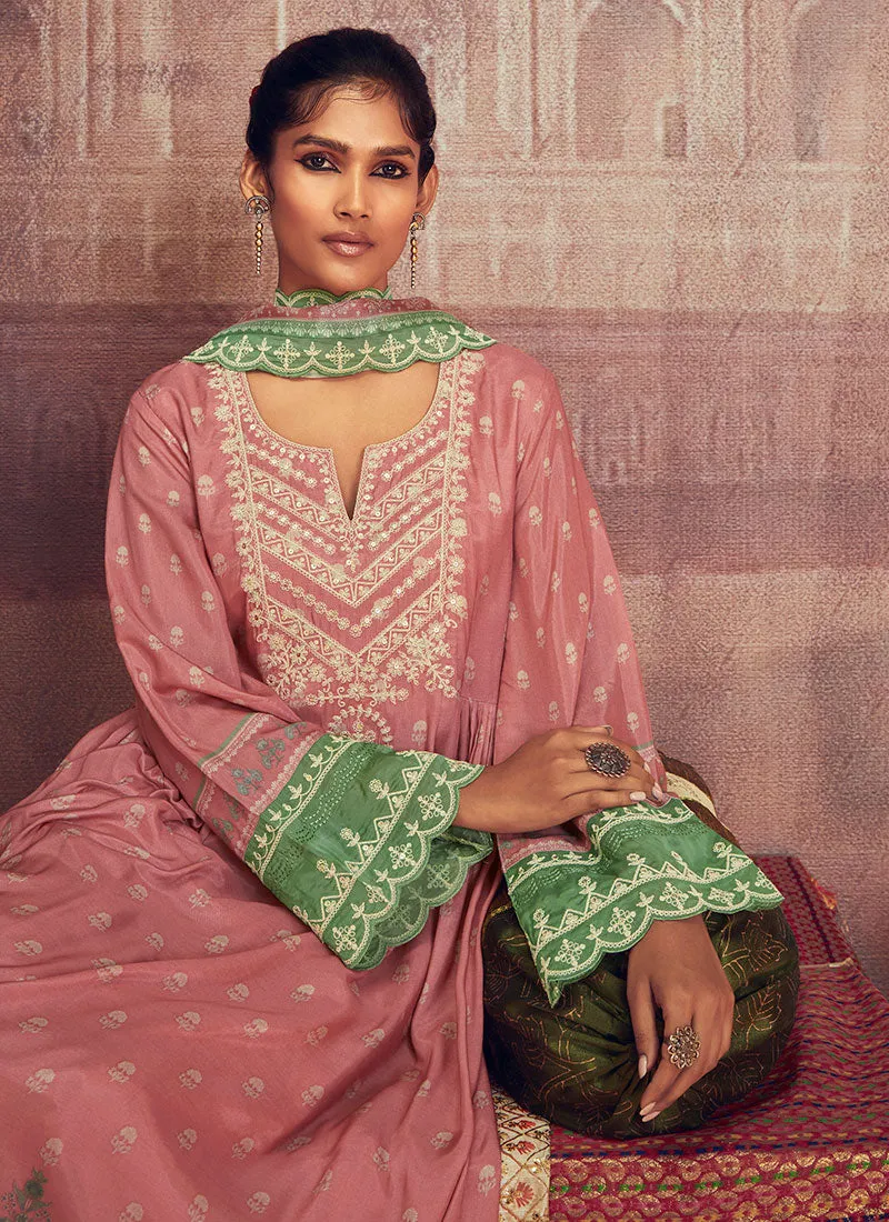 Pink And Green Thread Embroidery Anarkali Palazzo Suit