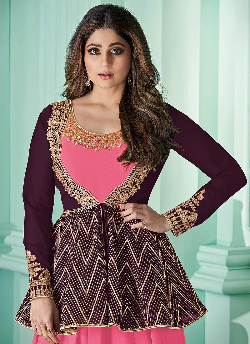 Pink And Maroon Peplum Style Anarkali Suit