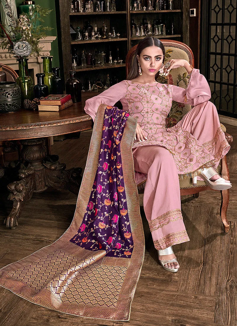 Pink And Purple Silk Palazzo Pant Suit